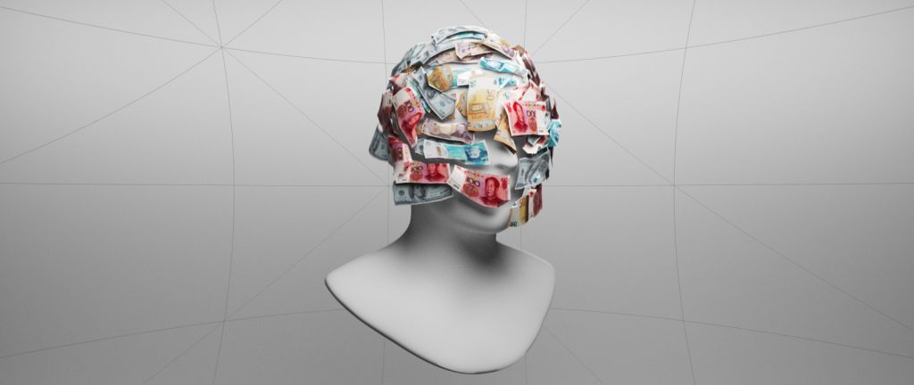 A bust of a person covered in currency