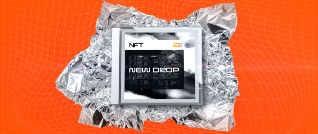 Orange background with an computer showing NFTs