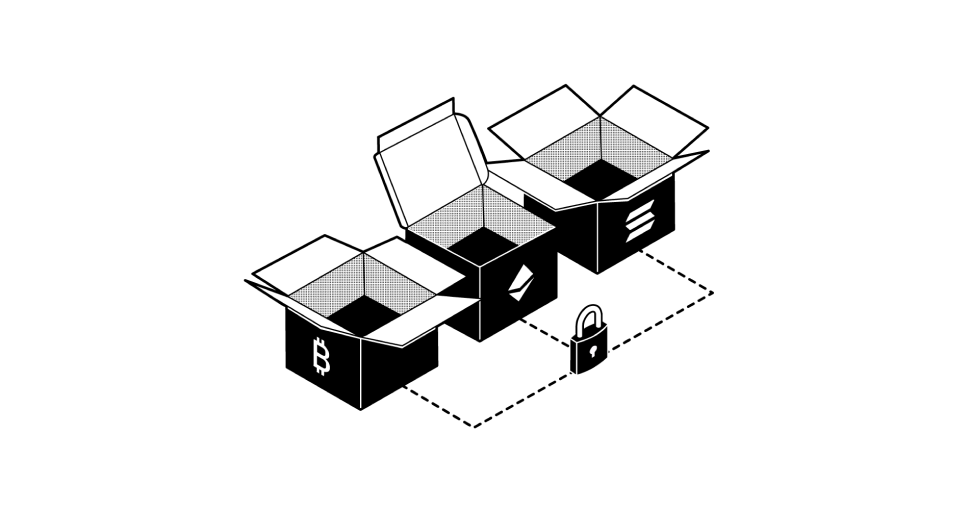 wrapped crypto icon with open boxes of crypto connected by a padlock