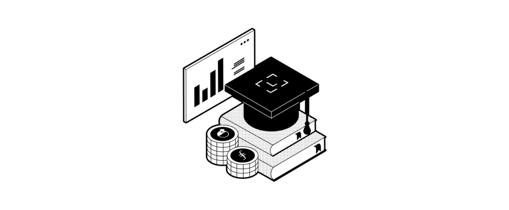 Ledger Academy graphic of a stack of books, a square academic cap and a chart