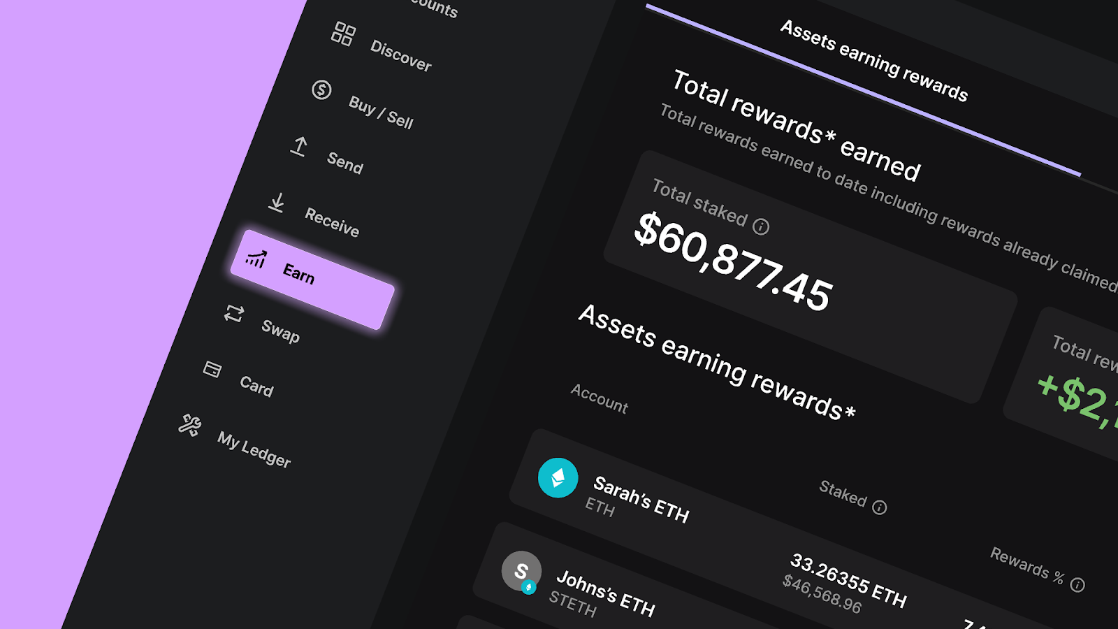 screen showing how staking on Ledger via the Earn dashboard allows you to track your ETH, XTZ and more in one place
